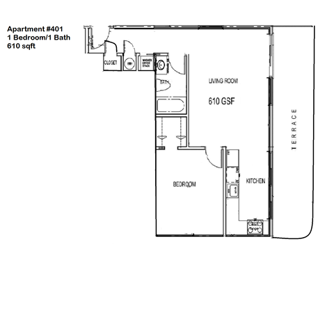 Floor plan for 1 bed, 1 bath, 640 sqft